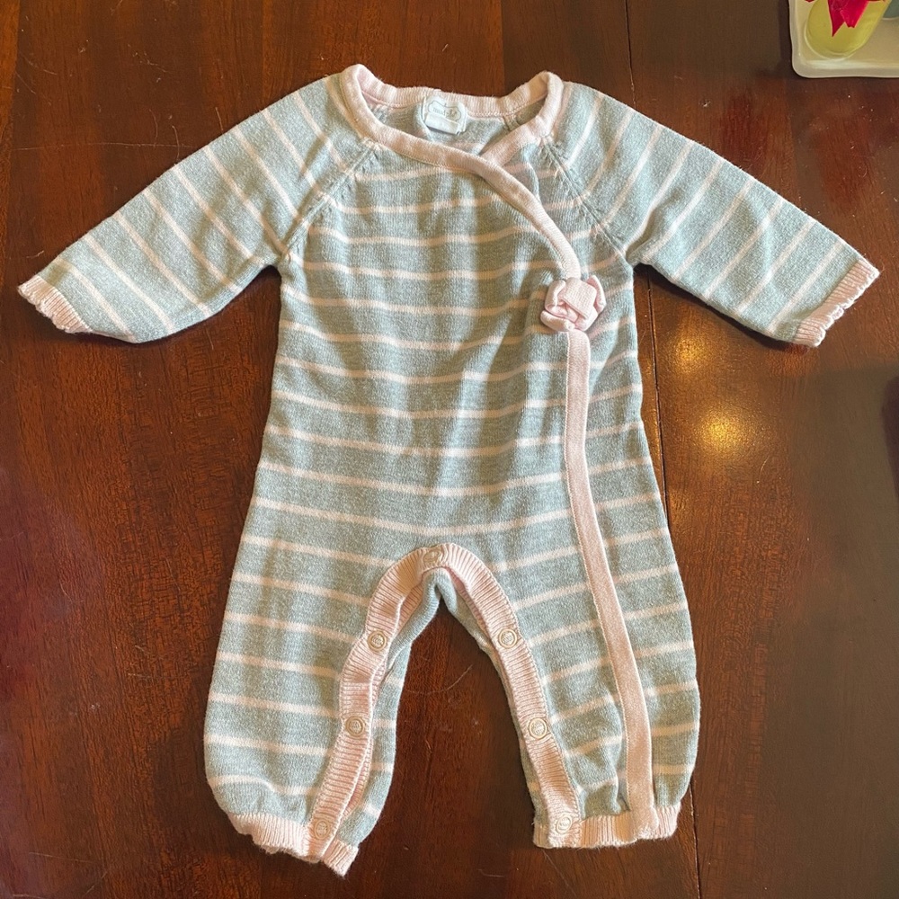 Mudpie gray and pink striped sweater onesie